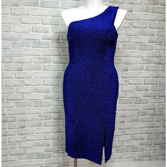 Vince Camuto 12 Blue Shimmery One Shoulder Sheath Cocktail Event Dress Side Slit - Picture 1 of 8